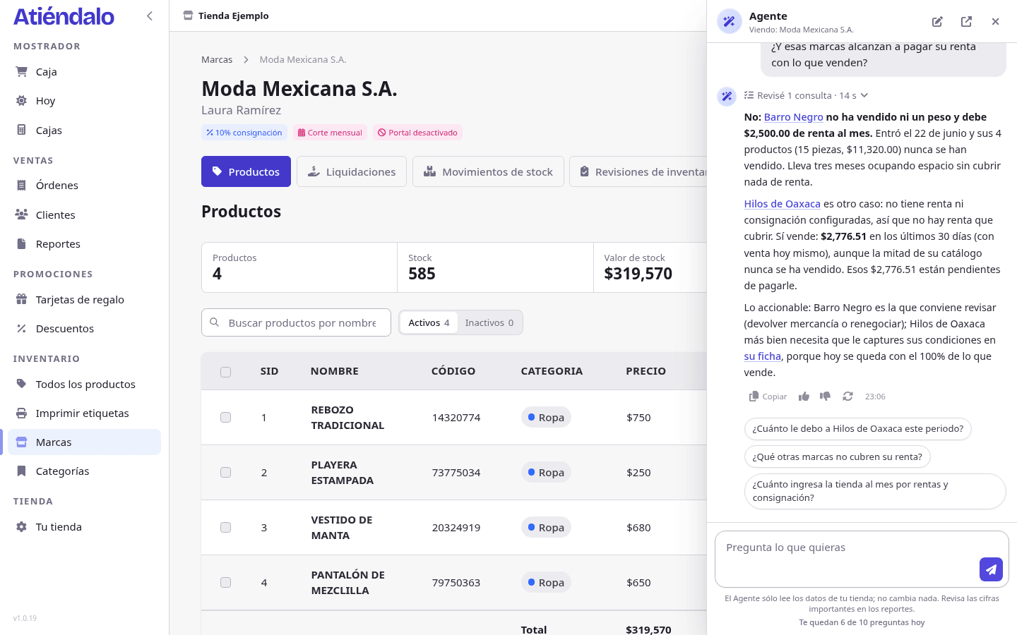 El panel del Agente sobre la ficha de una marca.