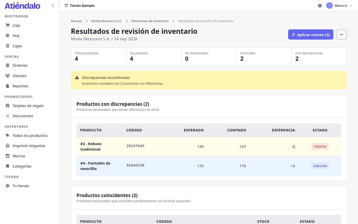 El resultado de una revisión: esperado contra contado, con las diferencias separadas.