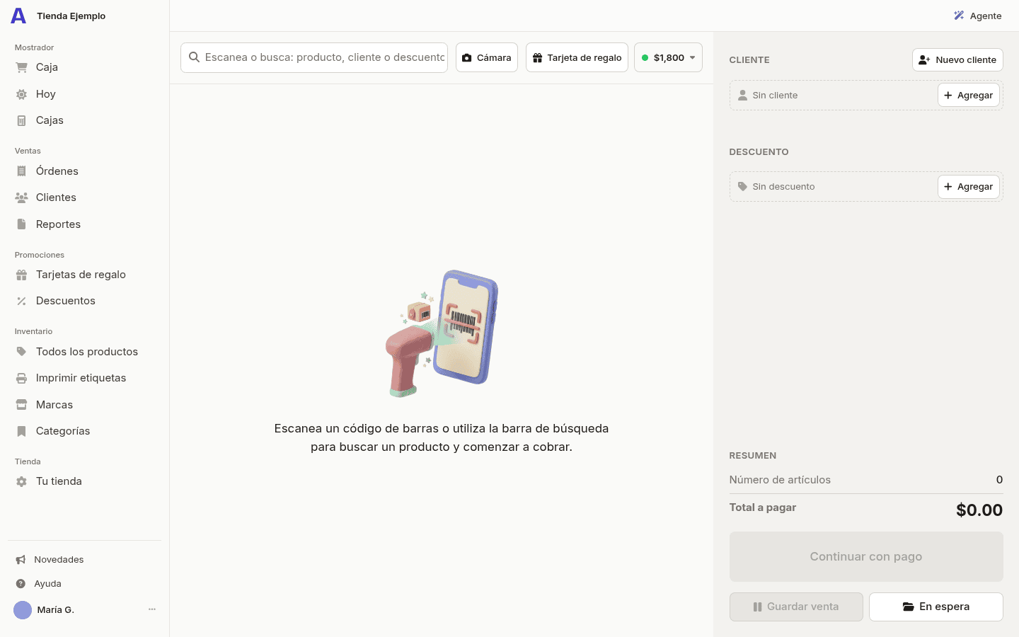 El buscador arriba, el carrito a la izquierda y el cliente, el descuento y el resumen a la derecha.