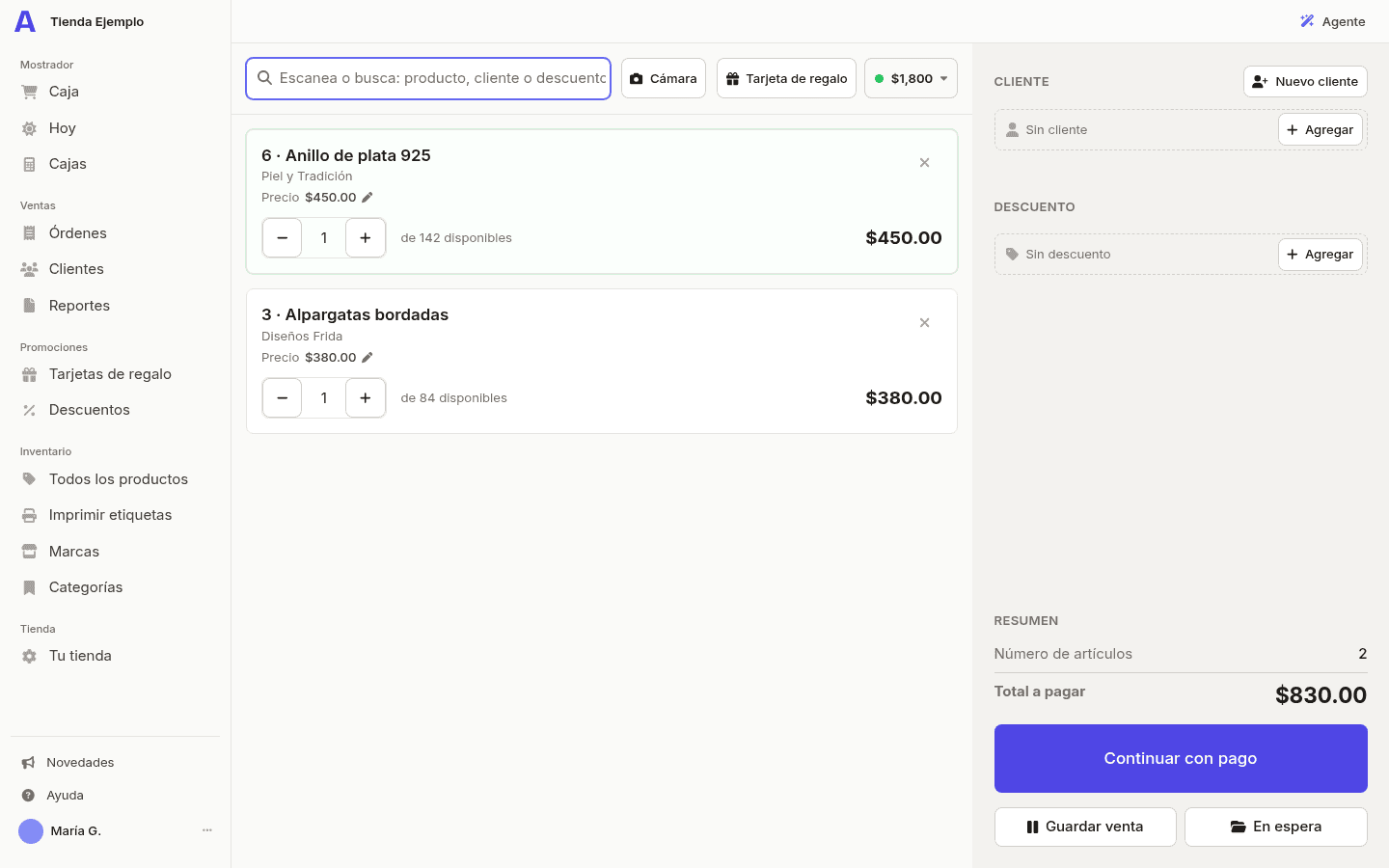 Cada línea muestra marca, precio unitario y existencias.