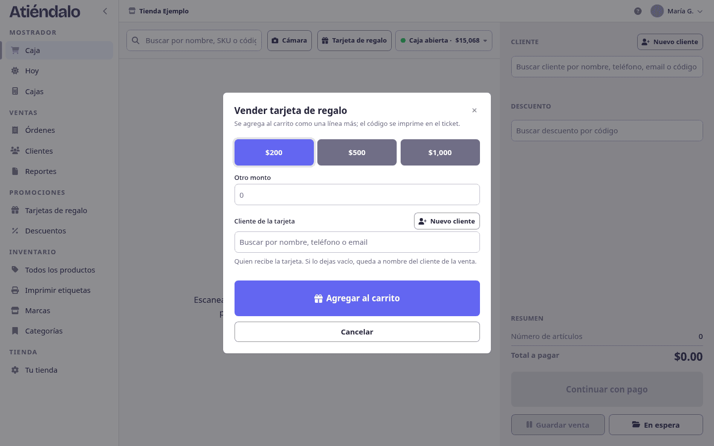 Vender una tarjeta: un valor de la lista o el monto que quieras.
