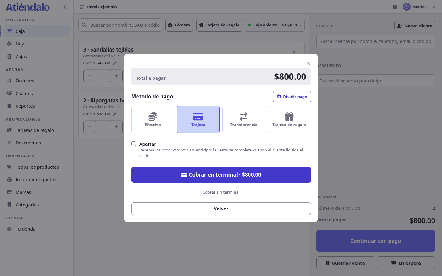 Con una terminal conectada, pagar con tarjeta se vuelve «Cobrar en terminal».