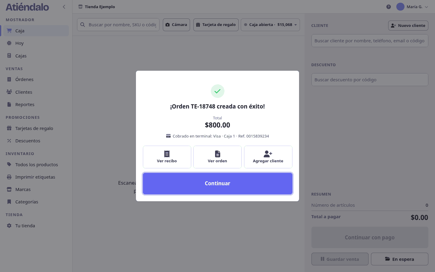 La venta guardada, con la tarjeta, la terminal y la referencia del banco.