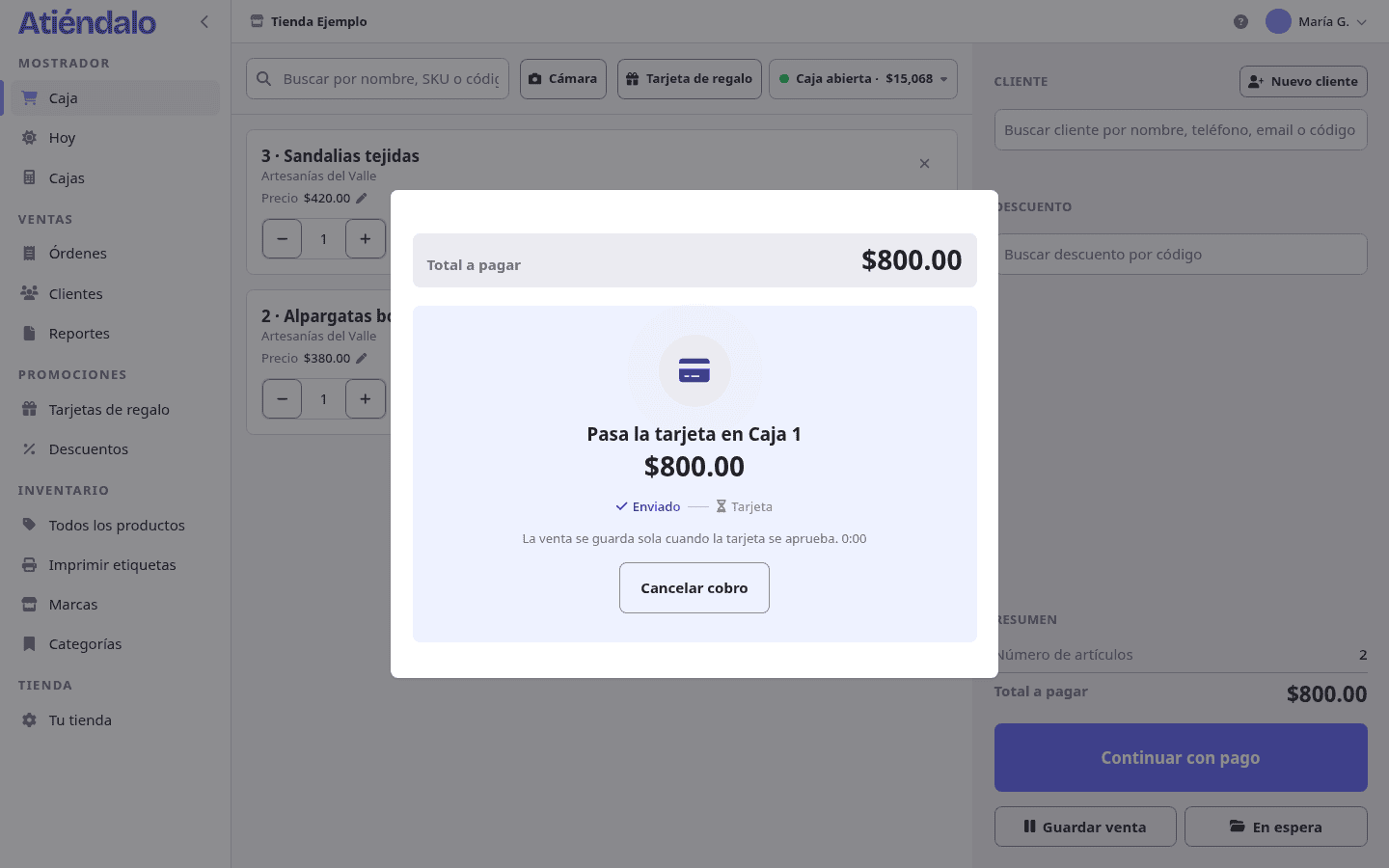 La caja espera a la terminal. Cancelar funciona mientras la terminal no ha leído la tarjeta.