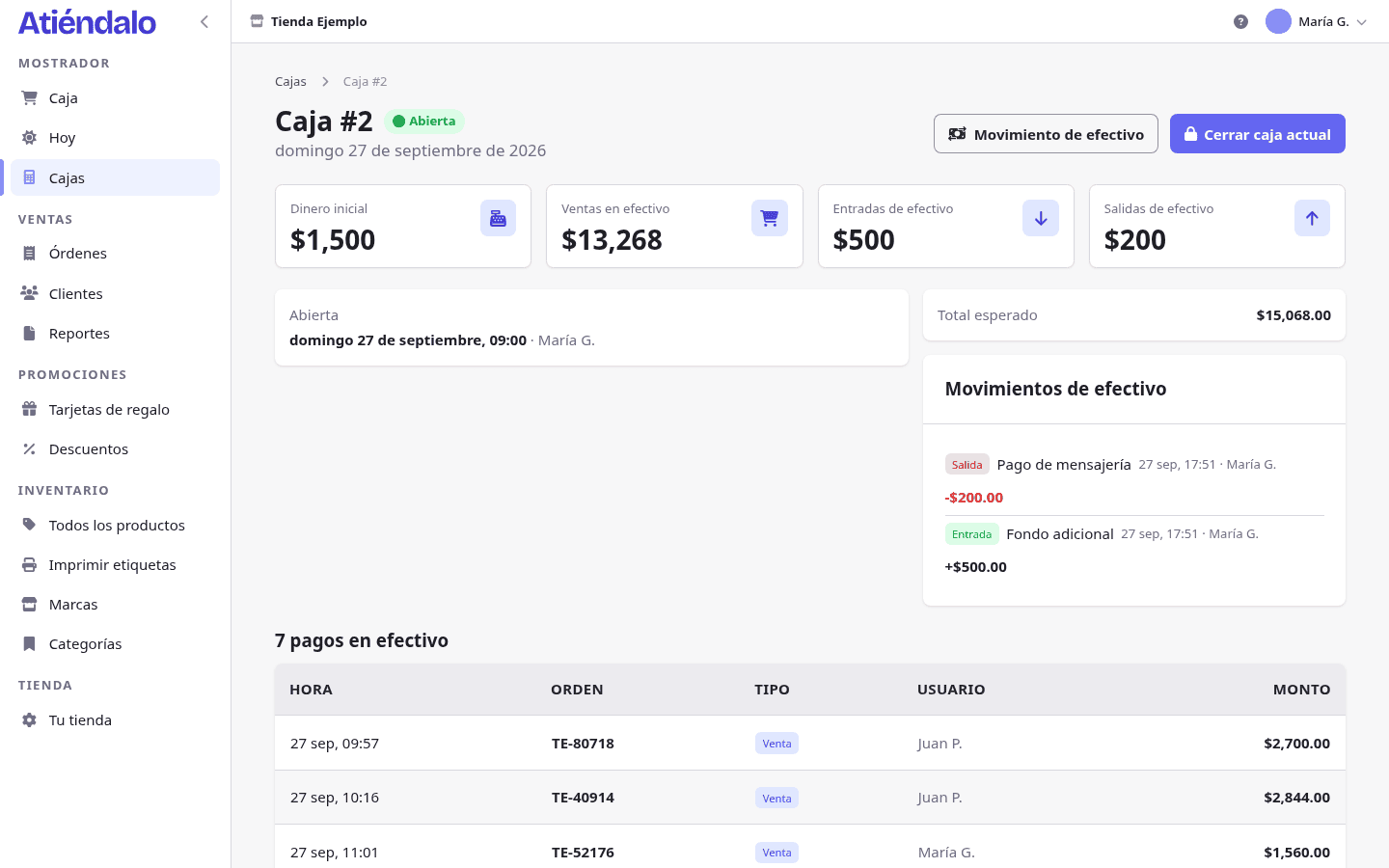 El detalle de una caja: totales arriba, los pagos en efectivo y los movimientos abajo.