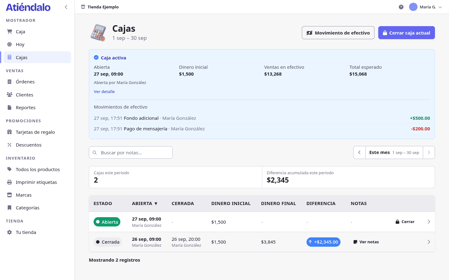 La lista de cajas, con la caja activa arriba y el historial de cortes debajo.