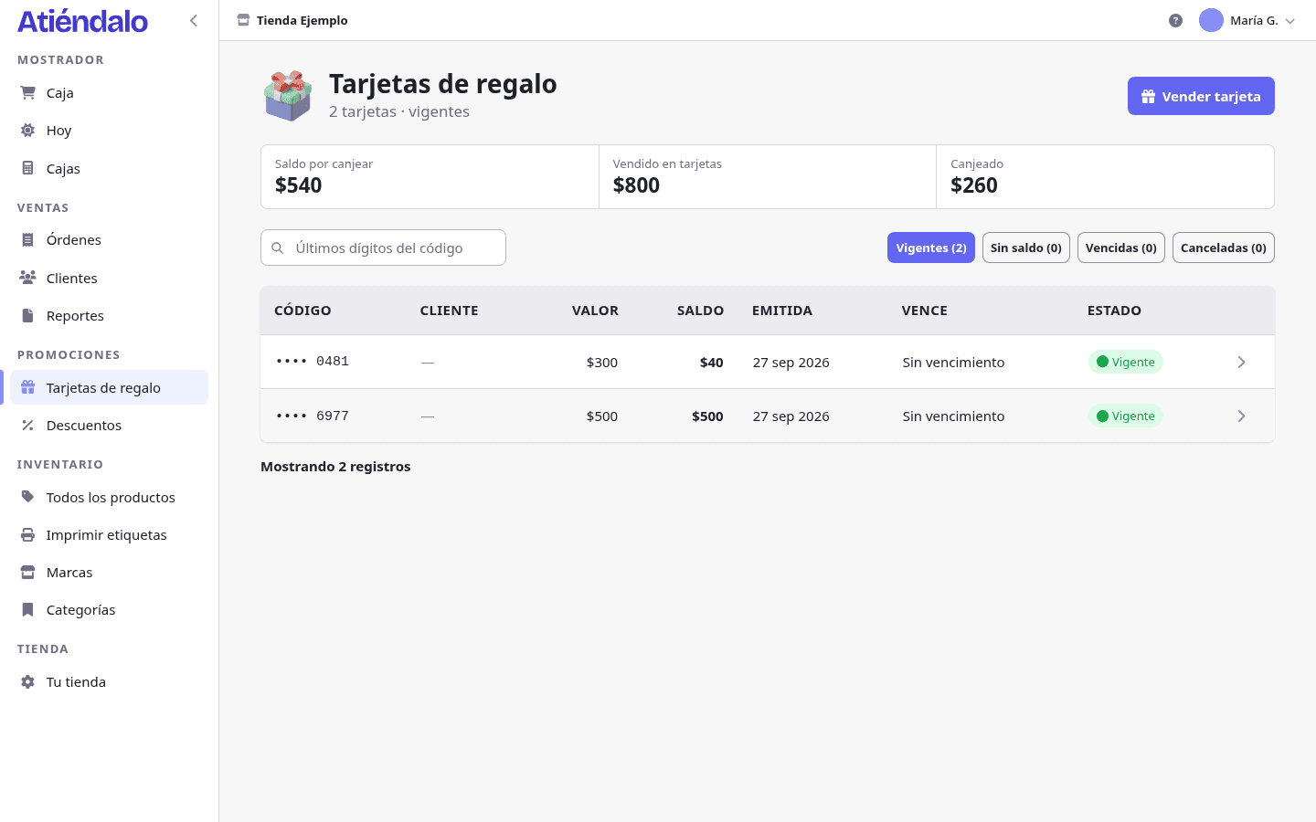 La lista de tarjetas, con lo vendido, lo canjeado y el saldo que sigue por canjear.