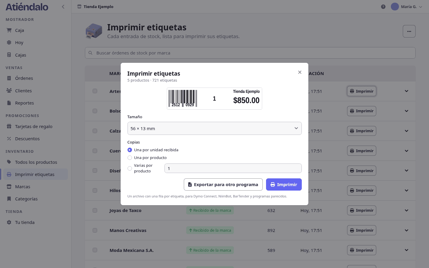 El diálogo de impresión calcula cuántas etiquetas salen y avisa si el código no cabe.