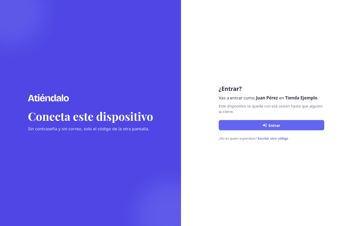Lo que ve la tableta después de escribir el código: la cuenta y la tienda, antes de entrar.