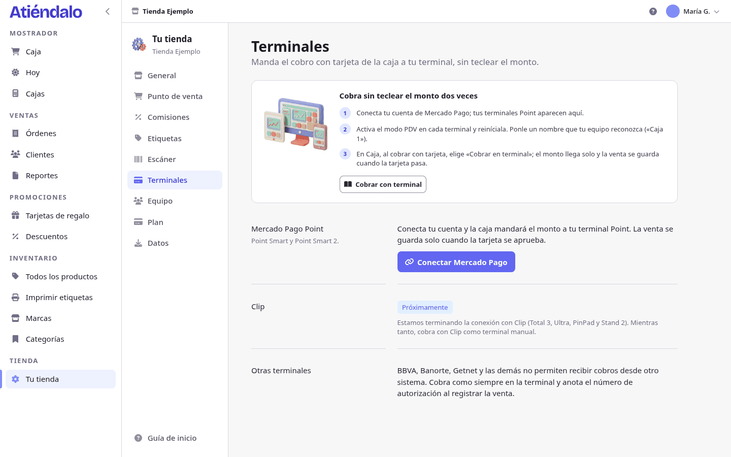 Tu tienda → Terminales, antes de conectar: Mercado Pago, Clip y las terminales manuales.