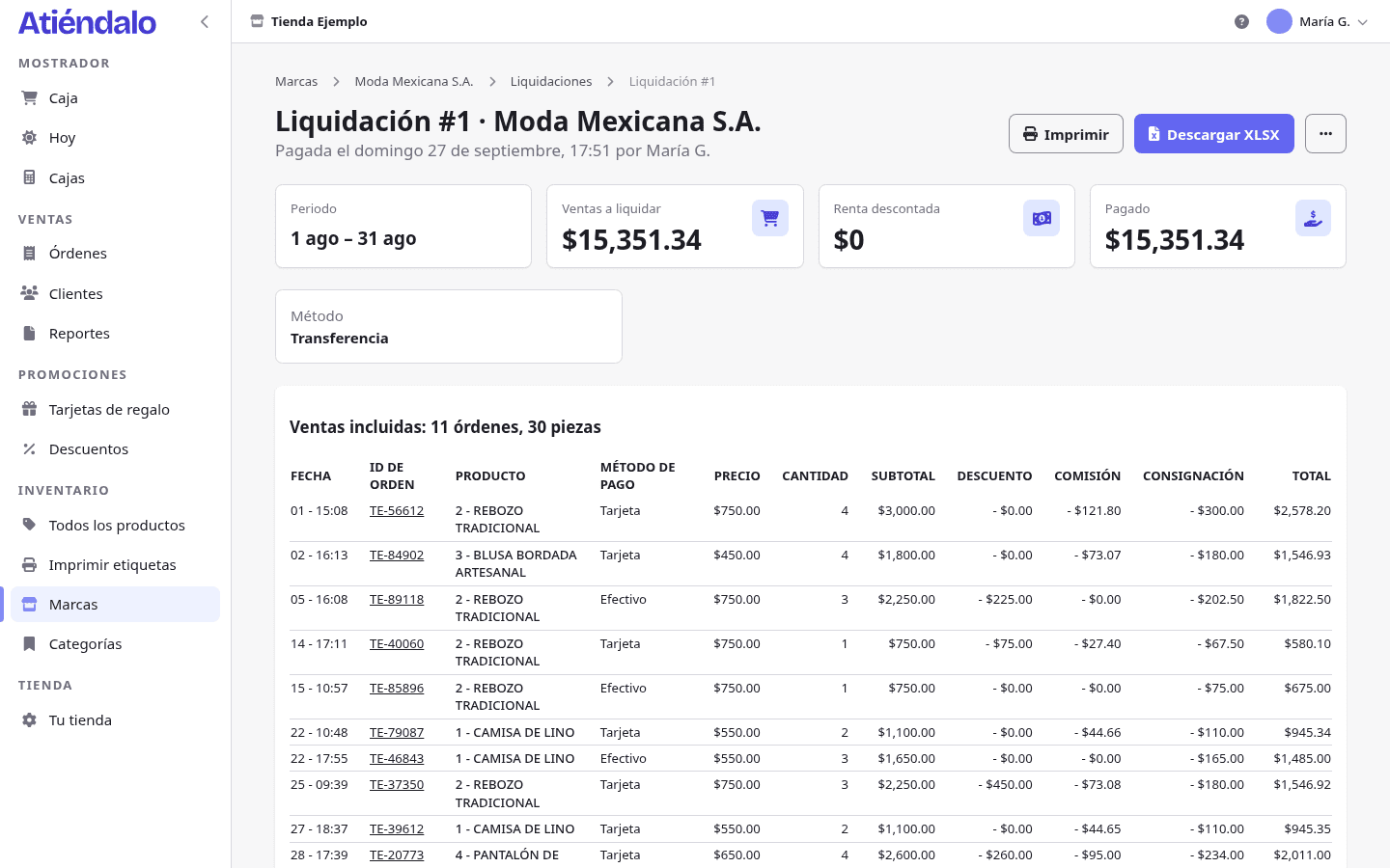 El estado de cuenta de una liquidación.