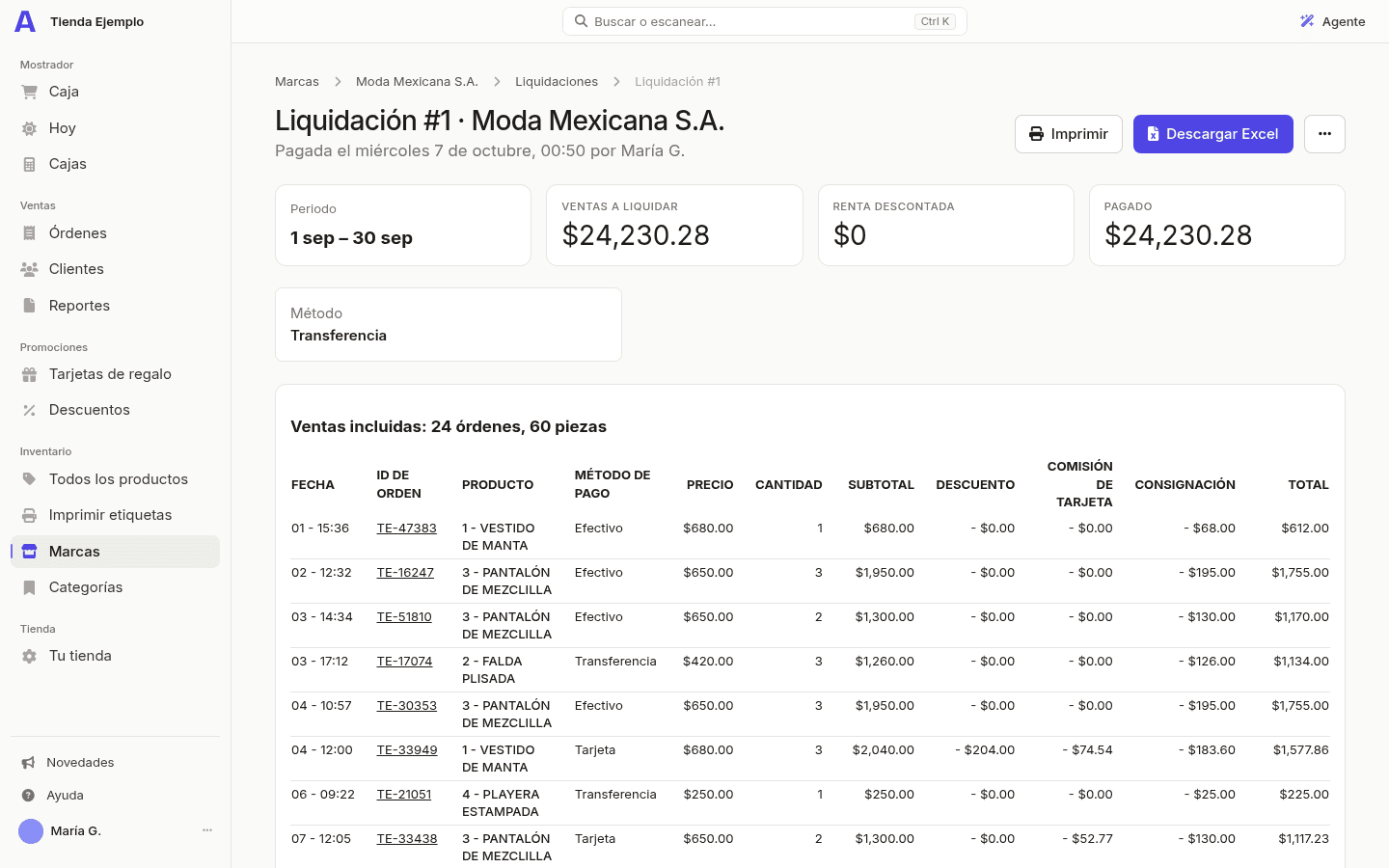 El estado de cuenta de una liquidación.