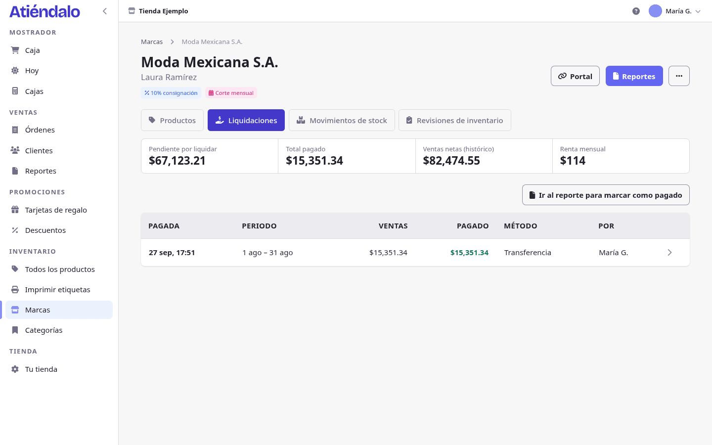 Las liquidaciones de una marca, con lo pagado y lo pendiente.