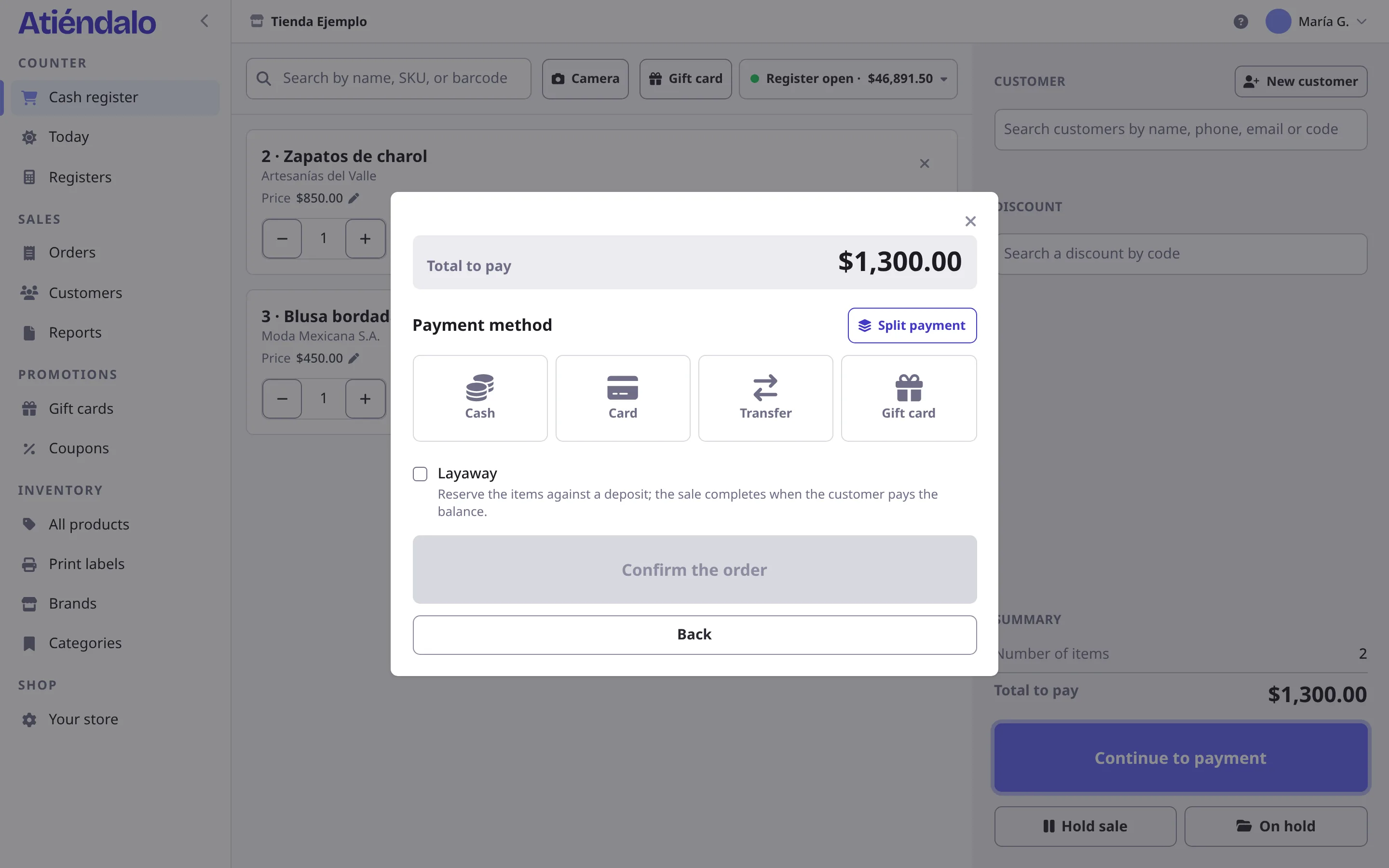 The point of sale with two products in the cart and payment by cash, card, transfer or gift card.