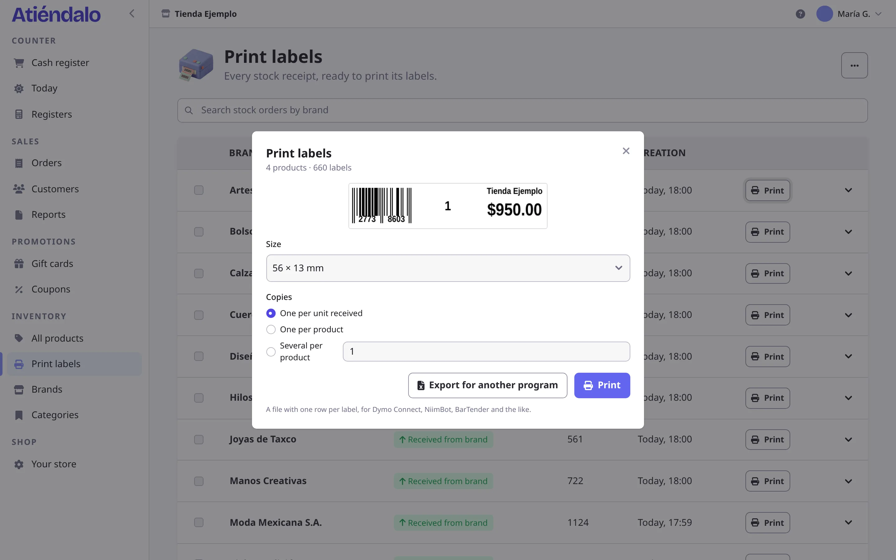 The label print dialog in Atiéndalo, with a jewelry label preview