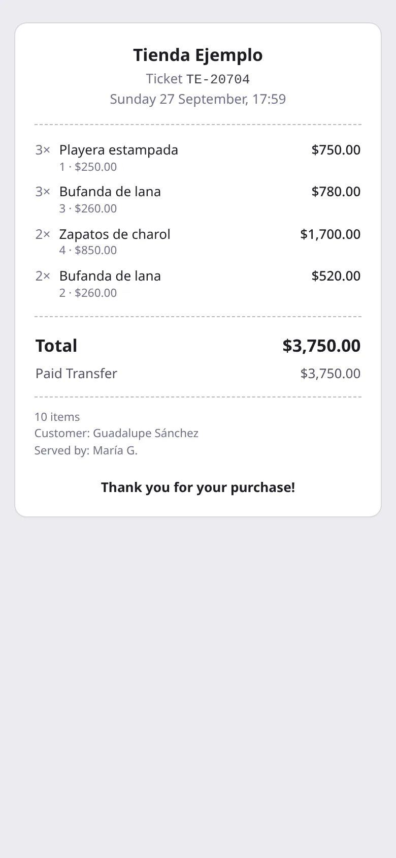 A sale's digital receipt, seen on a phone.