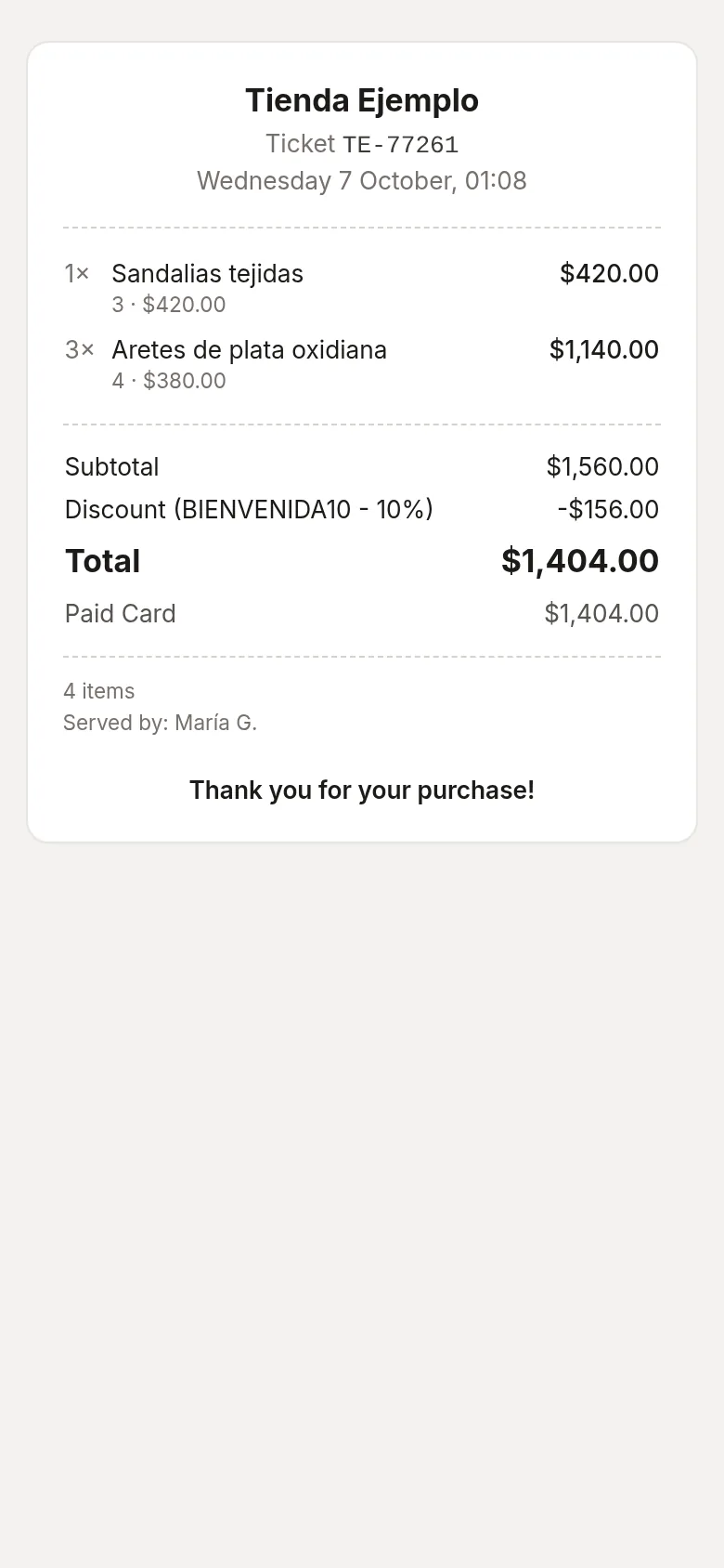 A sale's digital receipt, seen on a phone.