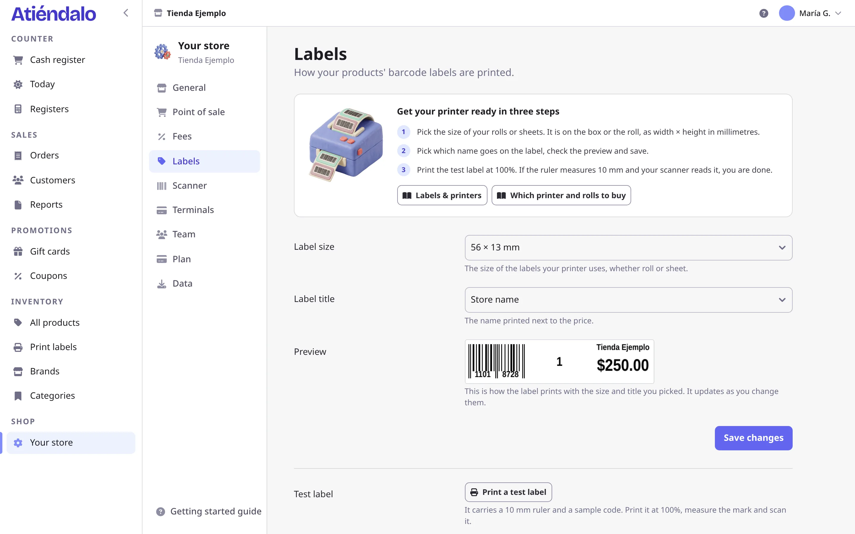 The label settings in Atiéndalo, with a label preview and the test label button