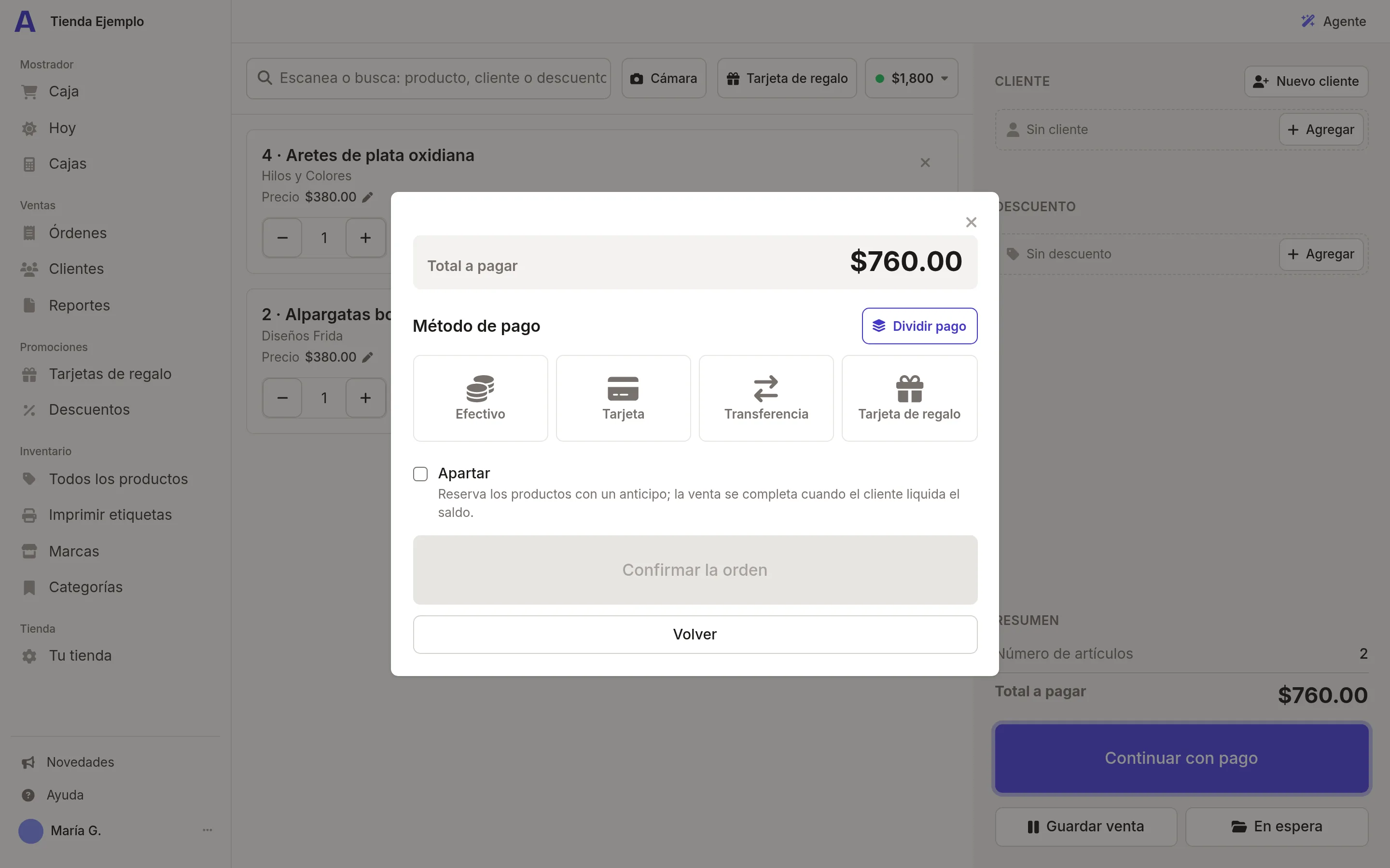 Punto de venta con dos productos en el carrito y el cobro por efectivo, tarjeta, transferencia o tarjeta de regalo.