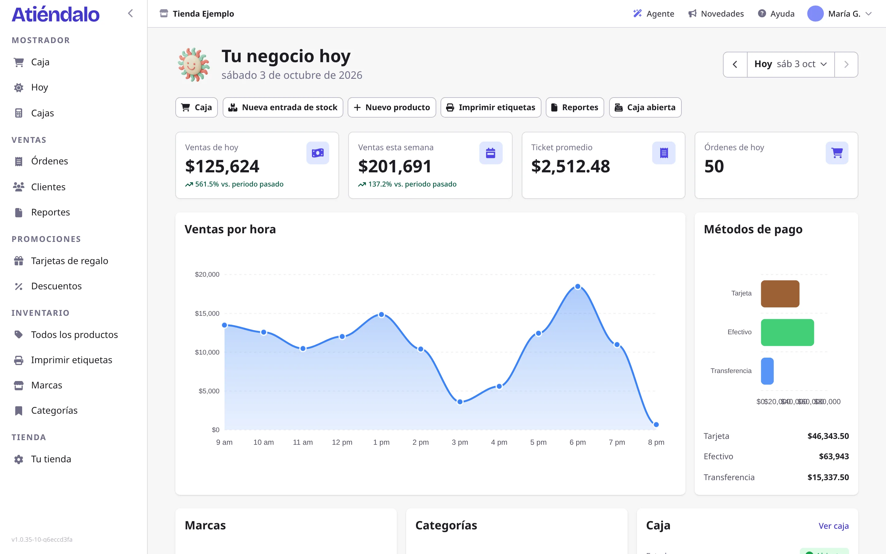 Pantalla Hoy con las ventas del día, ventas por hora, métodos de pago y la caja abierta.