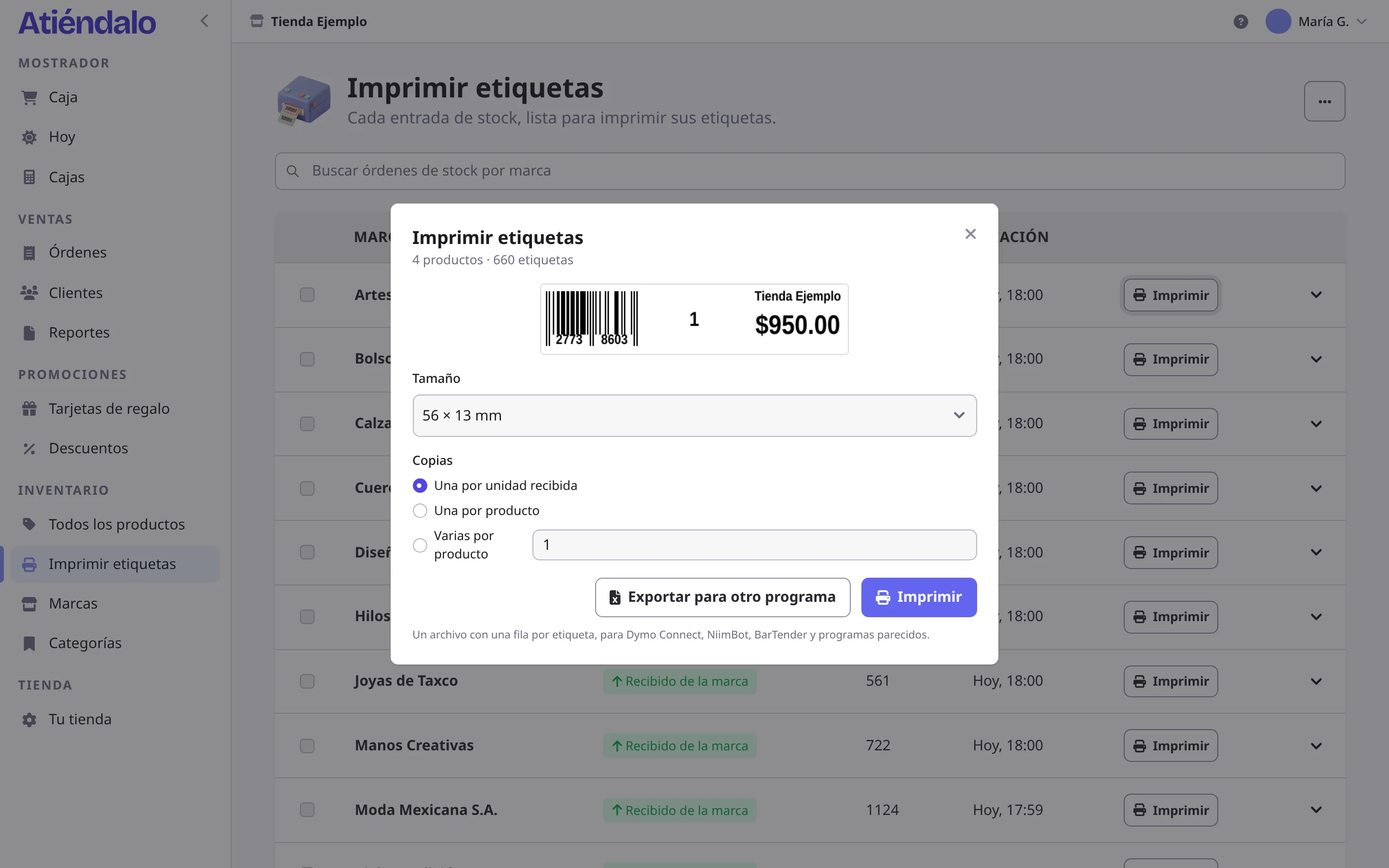 El diálogo de impresión de etiquetas en Atiéndalo, con la vista previa de una etiqueta de joyería