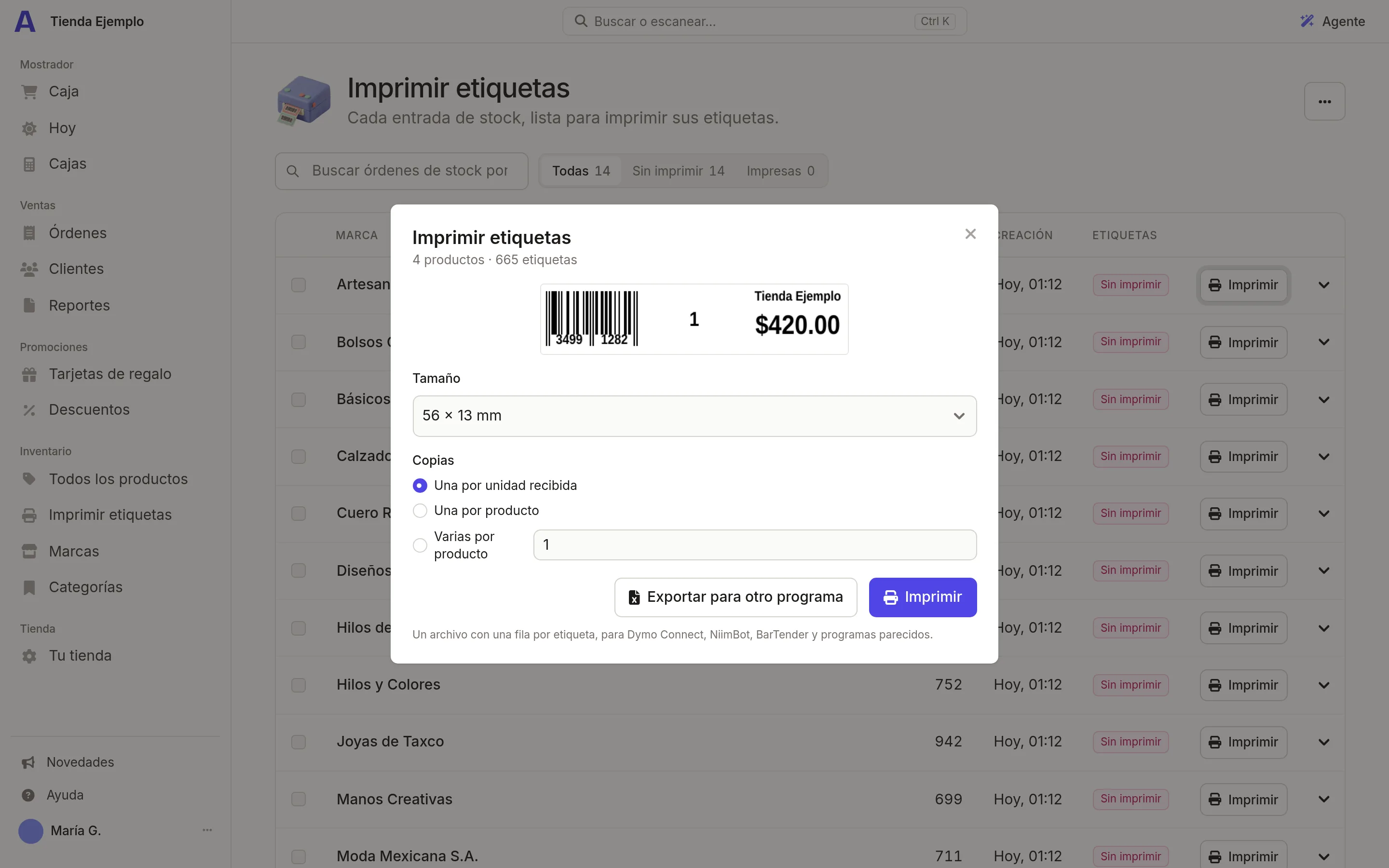 El diálogo de impresión de etiquetas en Atiéndalo, con la vista previa de una etiqueta de joyería