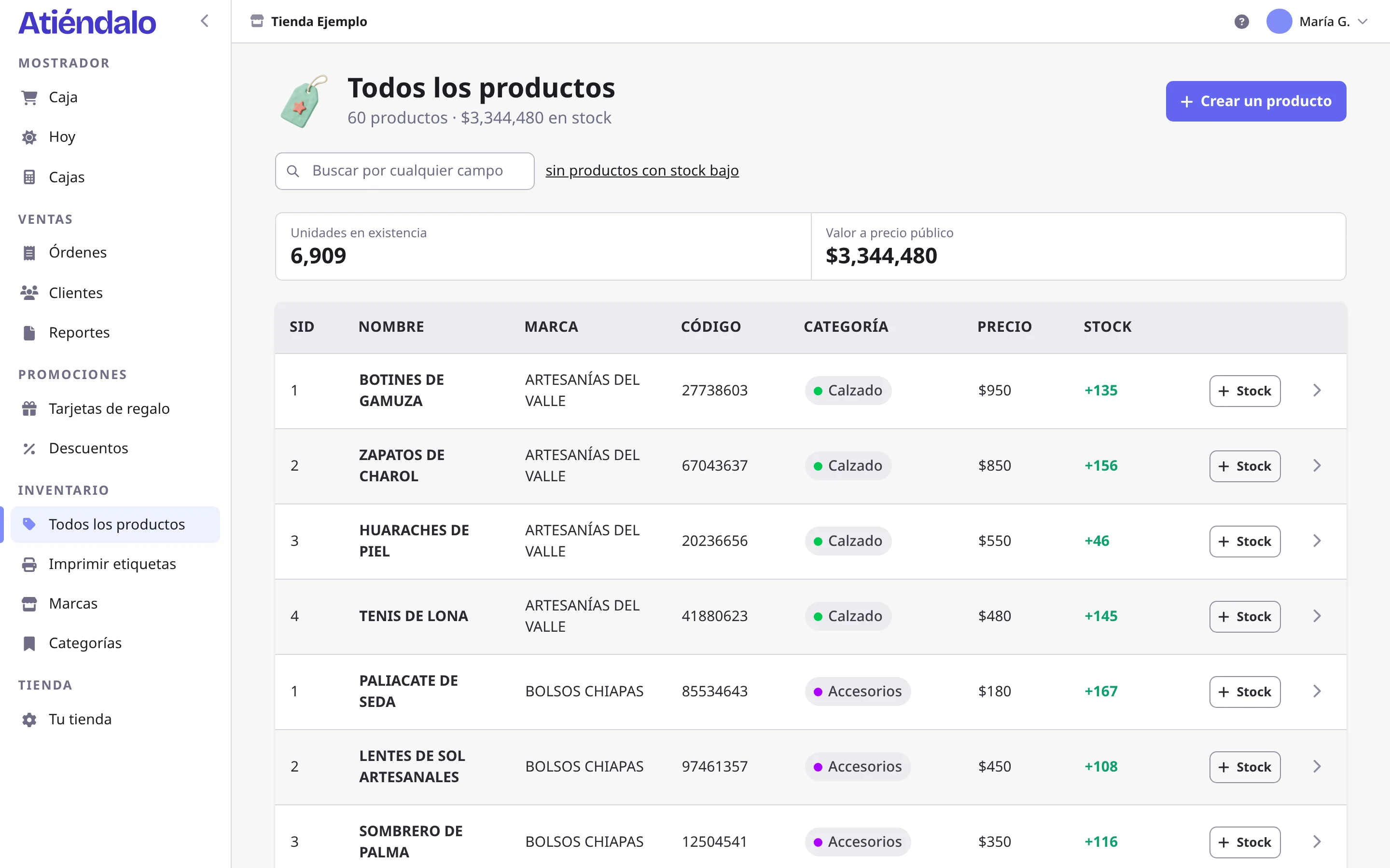 La lista de productos de una tienda en Atiéndalo, con stock, precio y marca