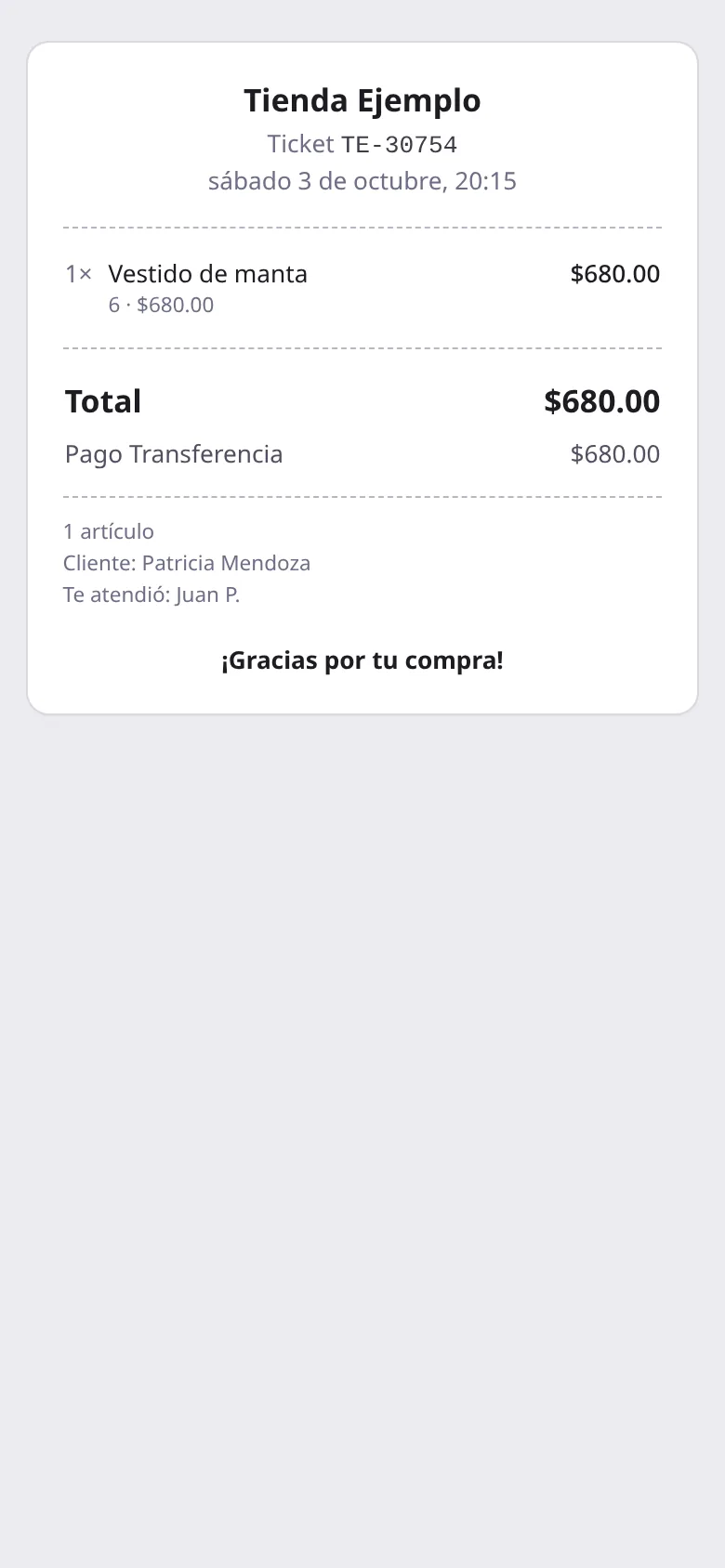 Recibo digital de una venta, visto en un teléfono.