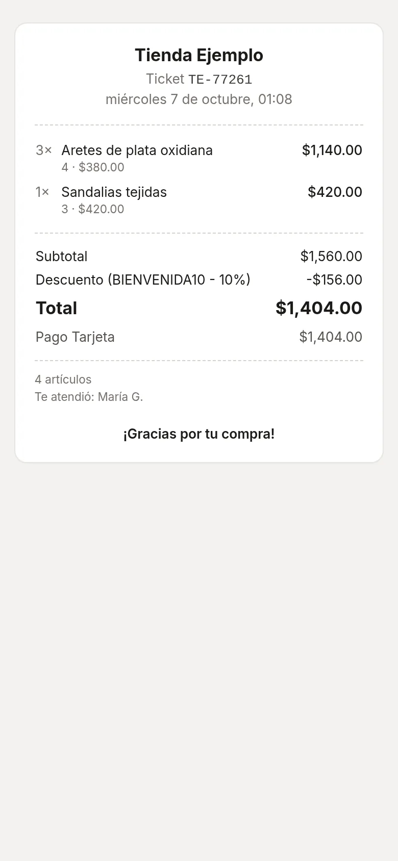 Recibo digital de una venta, visto en un teléfono.