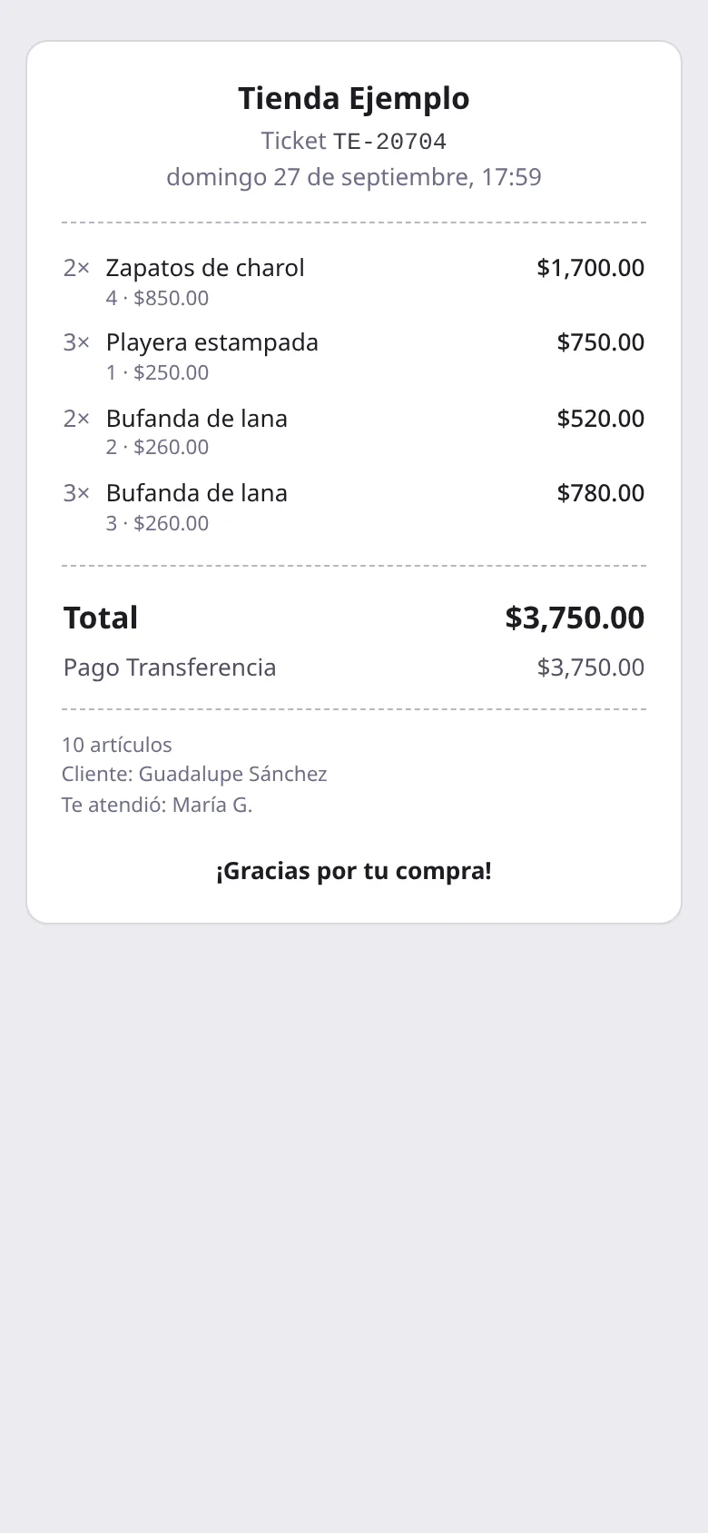 Recibo digital de una venta, visto en un teléfono.