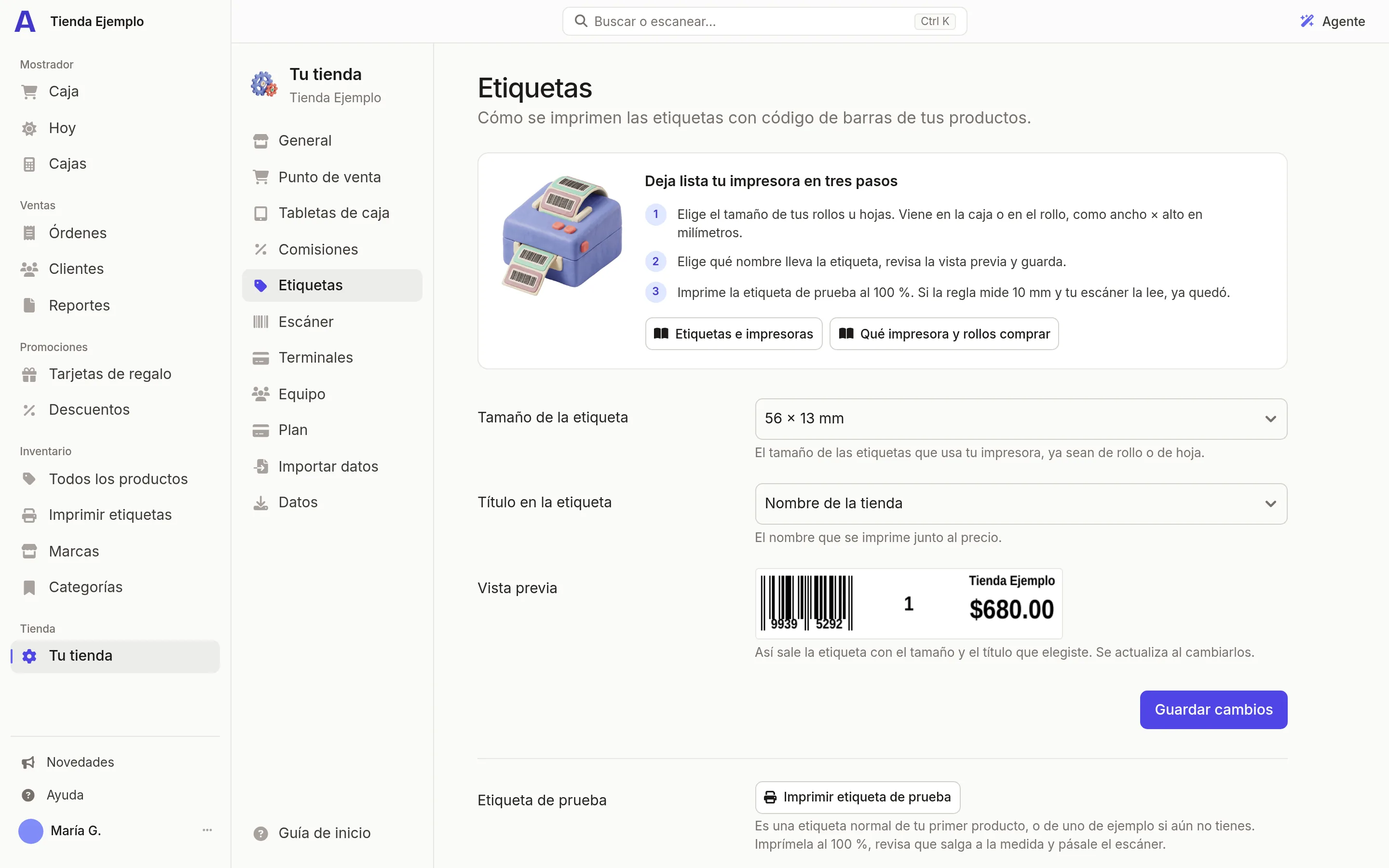 La configuración de etiquetas en Atiéndalo, con la vista previa de una etiqueta y el botón de etiqueta de prueba
