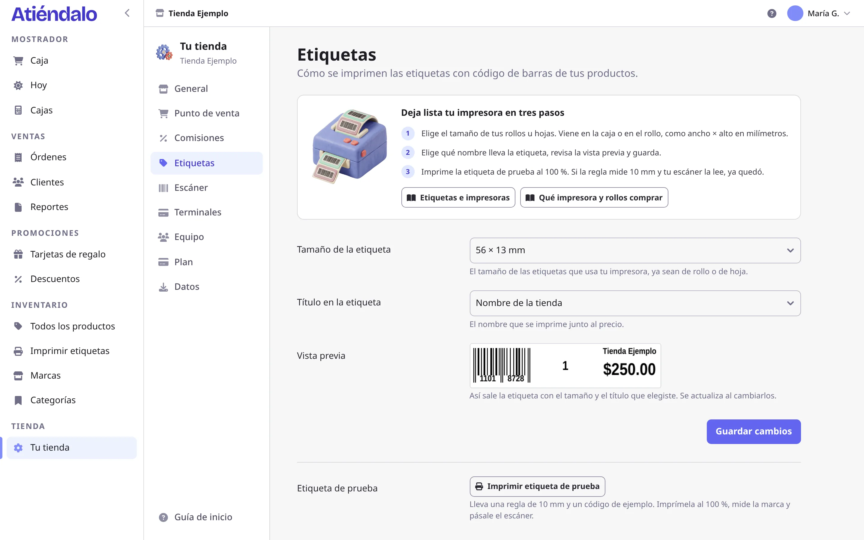 La configuración de etiquetas en Atiéndalo, con la vista previa de una etiqueta y el botón de etiqueta de prueba