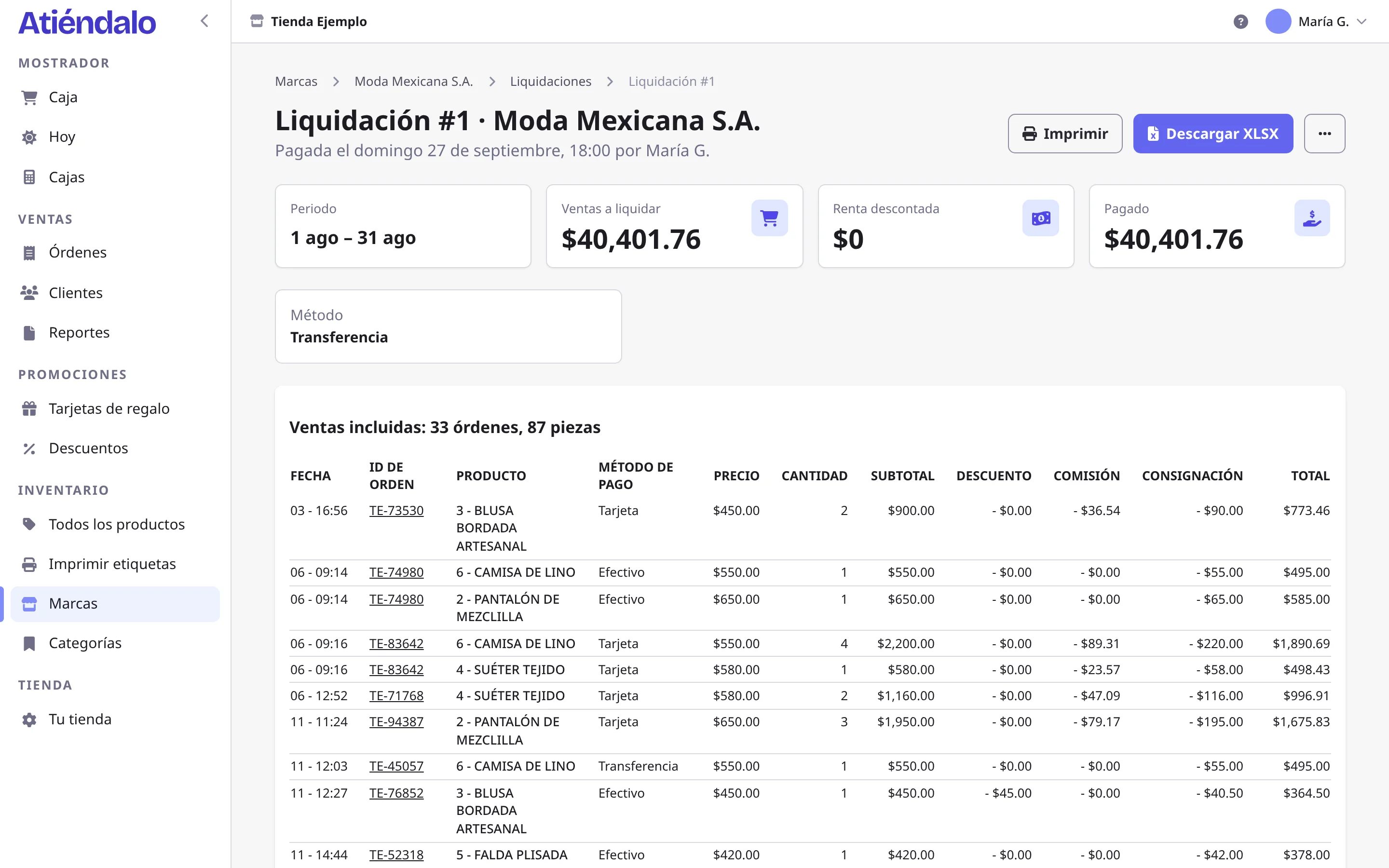 Un estado de cuenta de liquidación en Atiéndalo, con las ventas del periodo y lo pagado a la marca