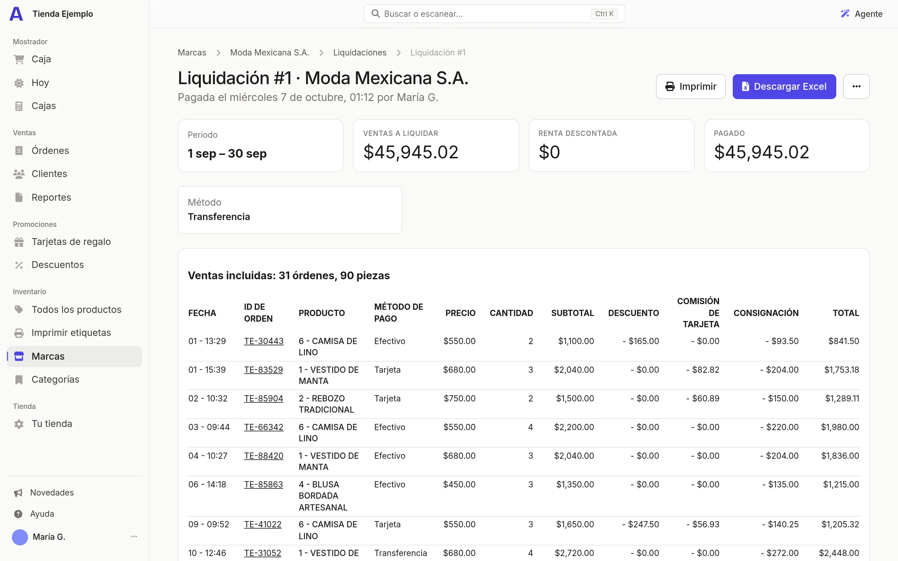 Un estado de cuenta de liquidación en Atiéndalo, con las ventas del periodo y lo pagado a la marca