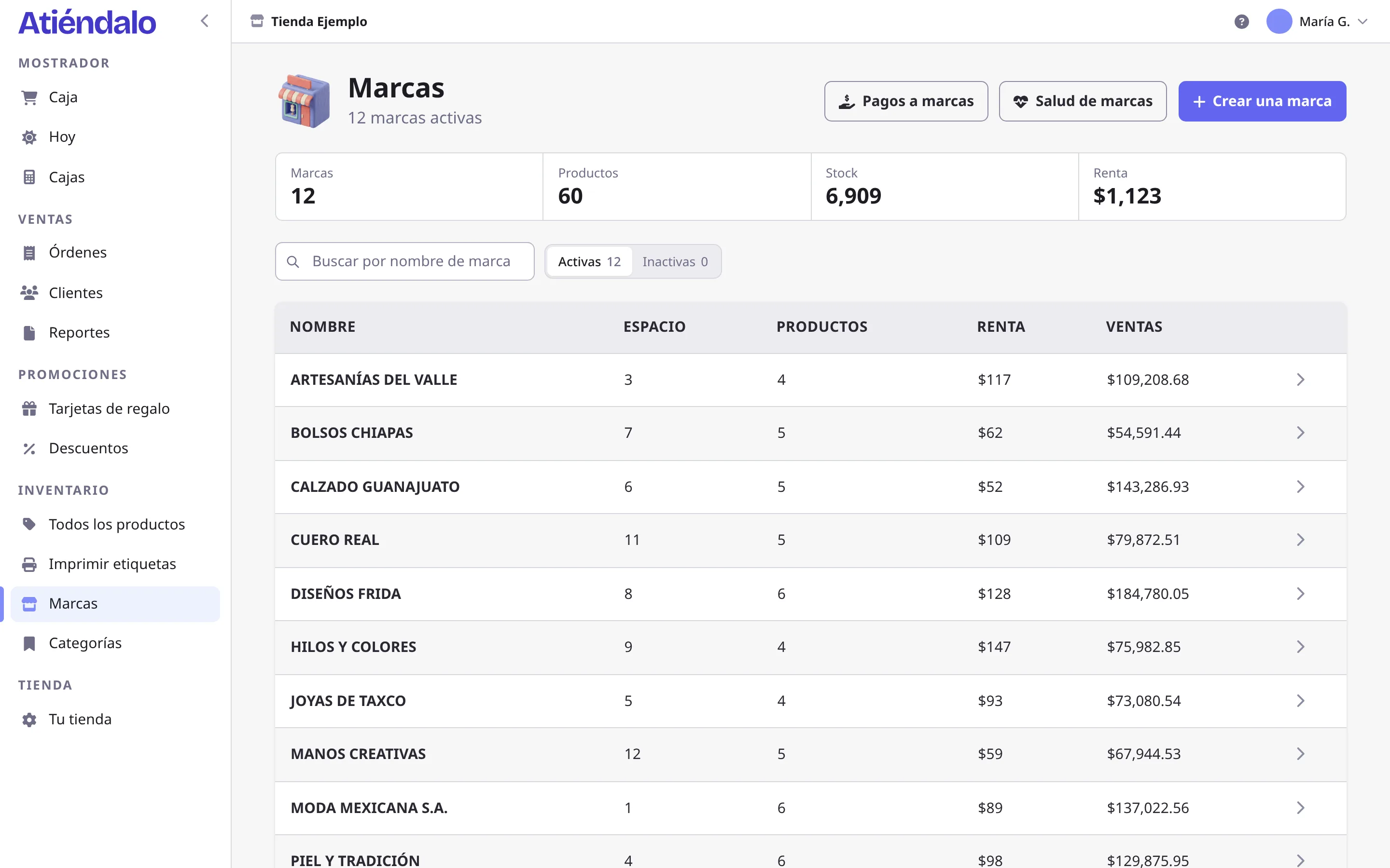 La lista de marcas de una tienda en Atiéndalo, con sus condiciones y su stock